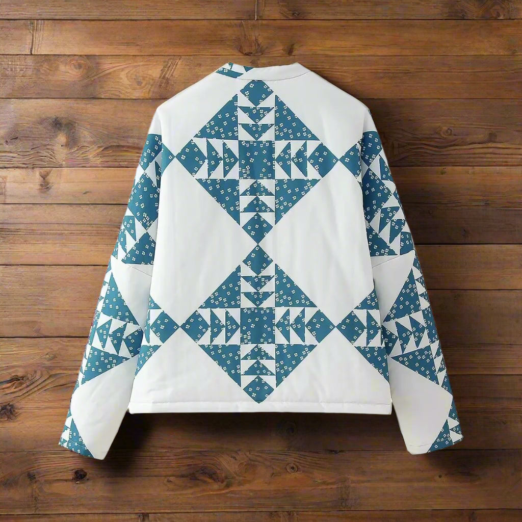 Women’s Retro White Quilted Coat with Blue Geometric Print and Horn Buttons | Full Sleeve Ethnic Loose Jacket for Fall/Winter