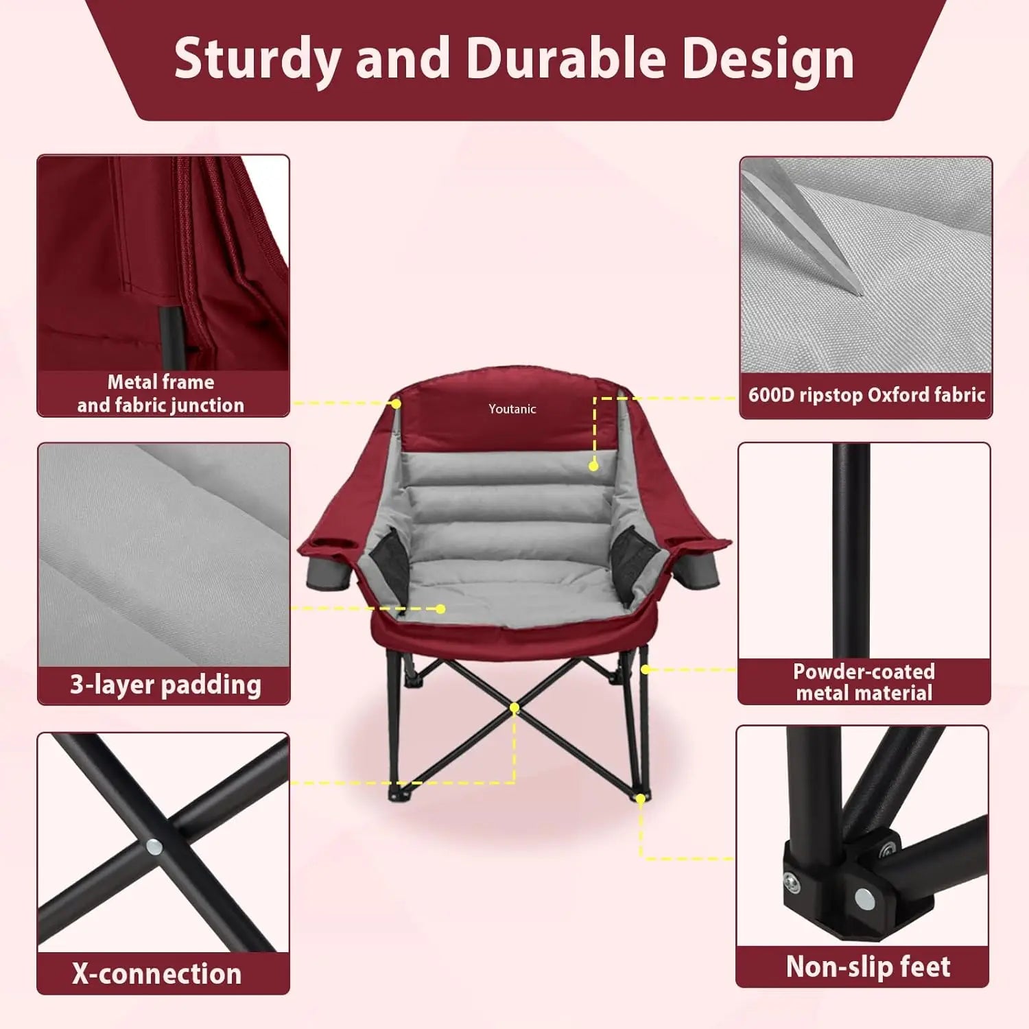 Heavy Duty Portable Camping Chair with Cup Holder, Side Pocket and Carry Bag - Can Support Up To 400lbs