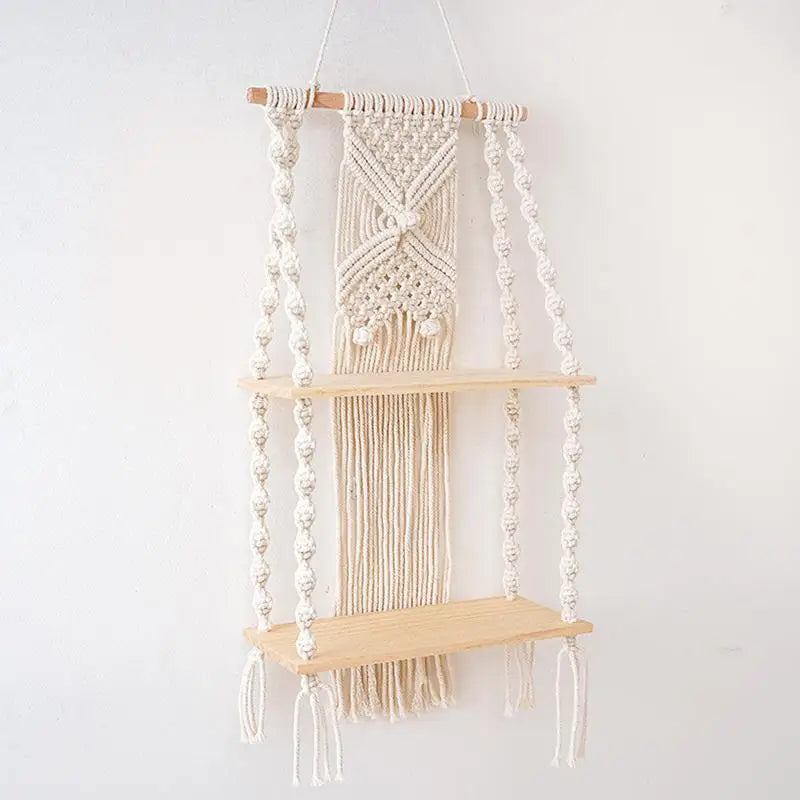 Boho 2-Tier Macrame Wall Hanging Shelf - Natural Cotton Rope Floating Shelf with Wooden Accents for Home Decor