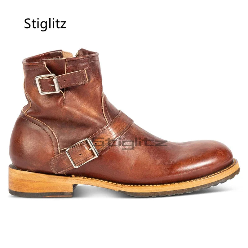 Men's Handmade Genuine Leather Cowboy Boots with Buckles and Zipper | Retro Strappy Ankle Boots for Outdoor Work and Adventure