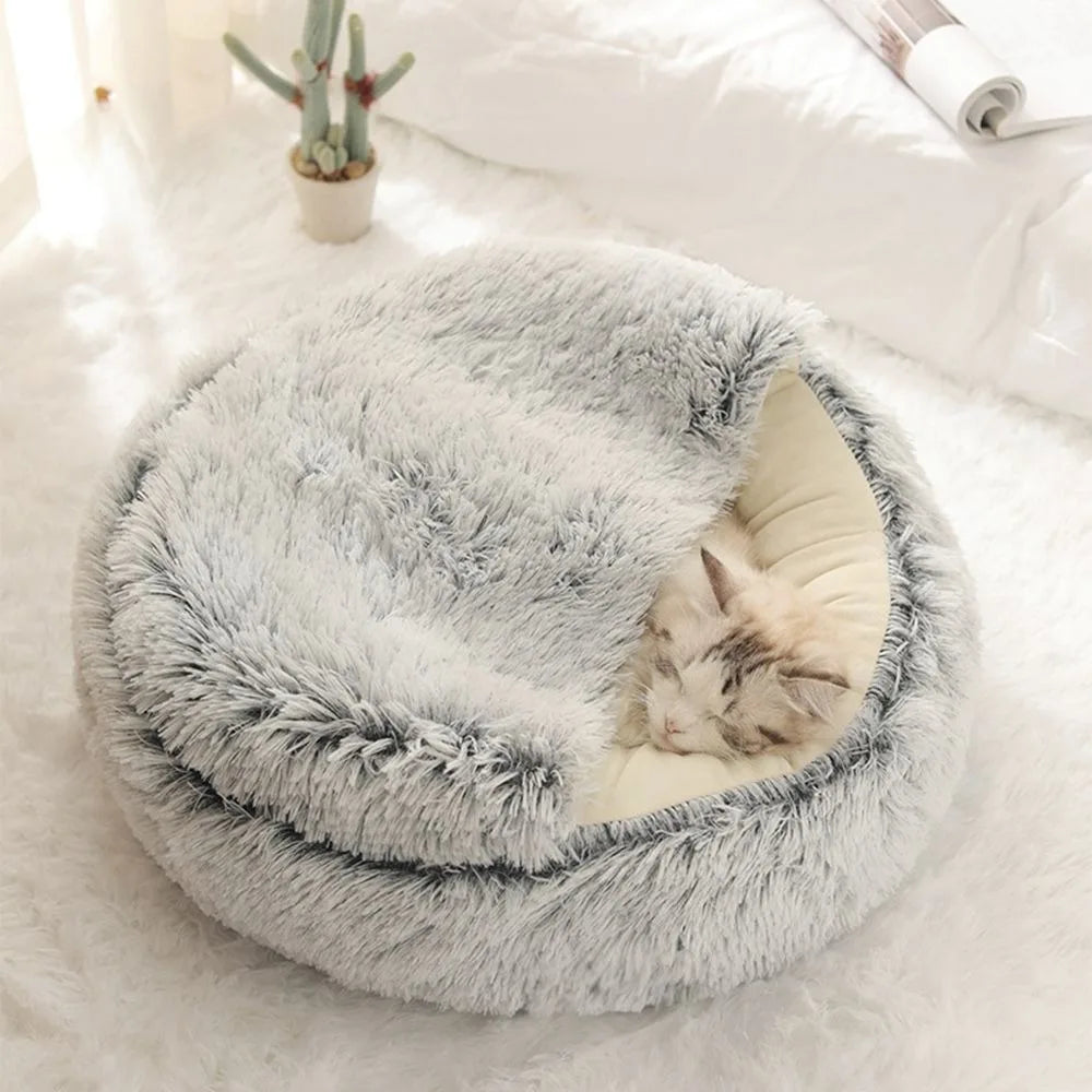 Cozy Enclosed Round Plush Pet Bed | Eco-friendly Soft Sleeping Bag Nest for Small Cats and Dogs