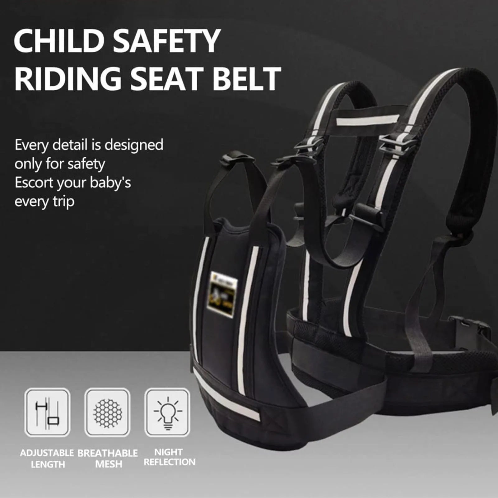 Adjustable Kids Motorcycle Safety Belt: Reflective Rear Seat Grab Handle & Breathable Harness - Anti-Drop Protection