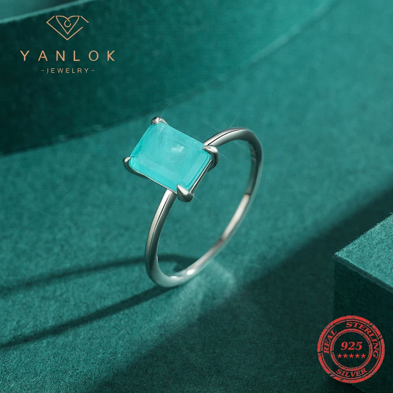 YANLOK Luxury Lab-Created Paraiba Tourmaline Ring 925 Sterling Silver Fine Jewelry