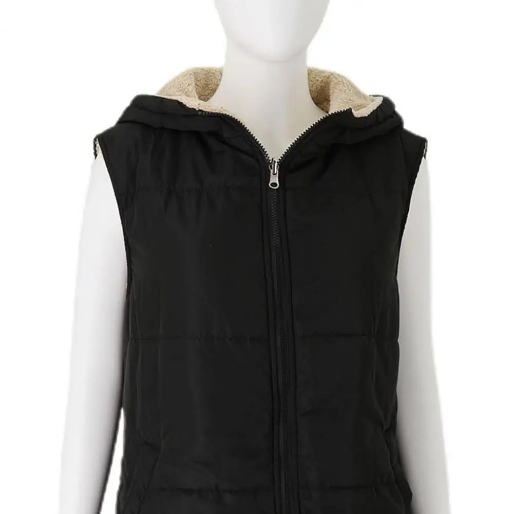 Women’s Reversible Hooded Fleece Vest Coat – Mid-Length Sleeveless Jacket for Fall & Winter Outerwear