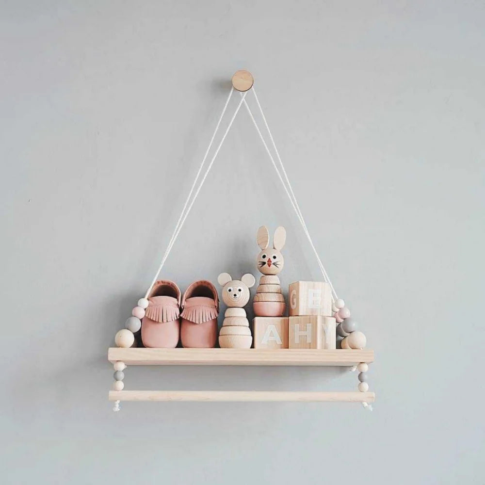 Two-Tier Wooden Beads Wall Hanging Shelf with Swing Rope - Perfect for Home, Office, Cafe, and Kid's Room Decor