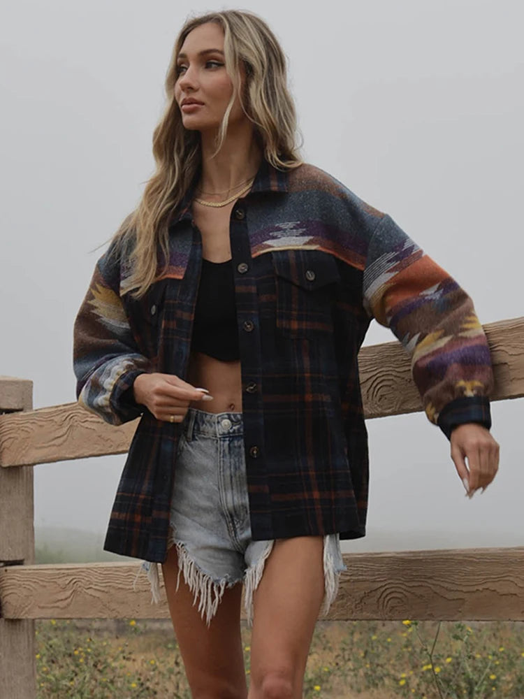 Gypsylady Retro Aztec Plaid Pattern Long Sleeve Jacket for Women | Cozy Autumn/Winter Coat with Pockets