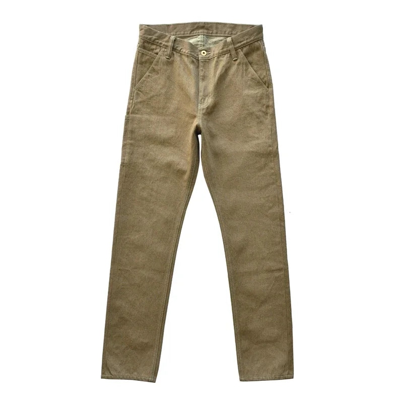 SauceZhan Men's Khaki Selvedge Denim Jeans - Casual Cargo Pants with Zipper Fly