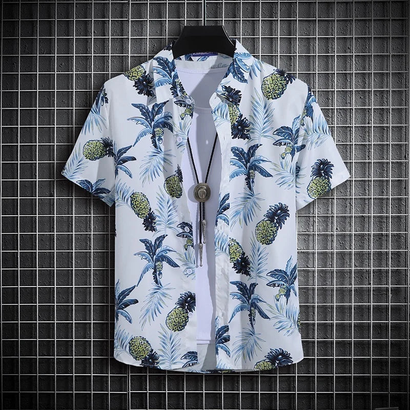 Men's Short Sleeve Hawaiian Shirt with Turtle Neck Design - Summer Casual Polo Shirt for Men