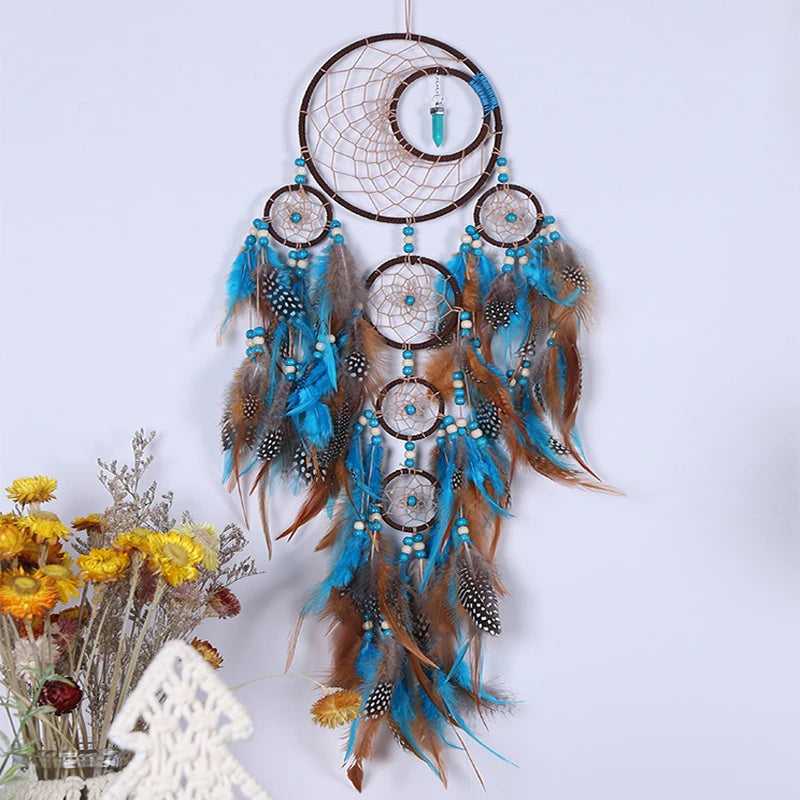 Handmade Indian Dreamcatcher with Rattan Bead Feathers - Bohemian Style Dreamcatcher