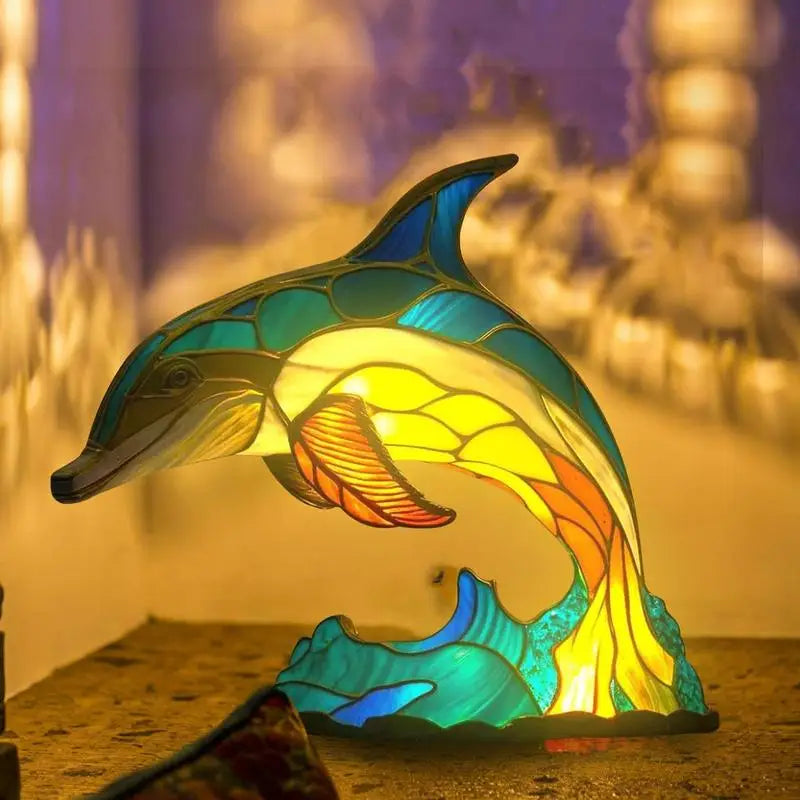 Stained Glass Animal Table Lamps - Unique Decorative Lighting featuring Dragon, Lion, Dolphin, Wolf, Turtle  & Elephant