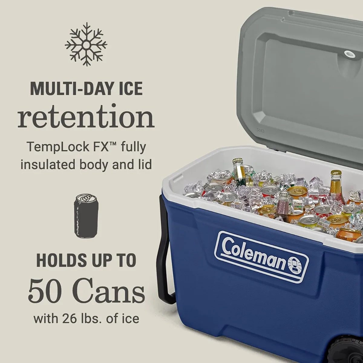 Coleman 316 Series Insulated Wheeled Cooler - 62Qt Capacity - TempLock FX - Leak-Proof - Heavy Duty Wheels - Portable Outdoor Cooler