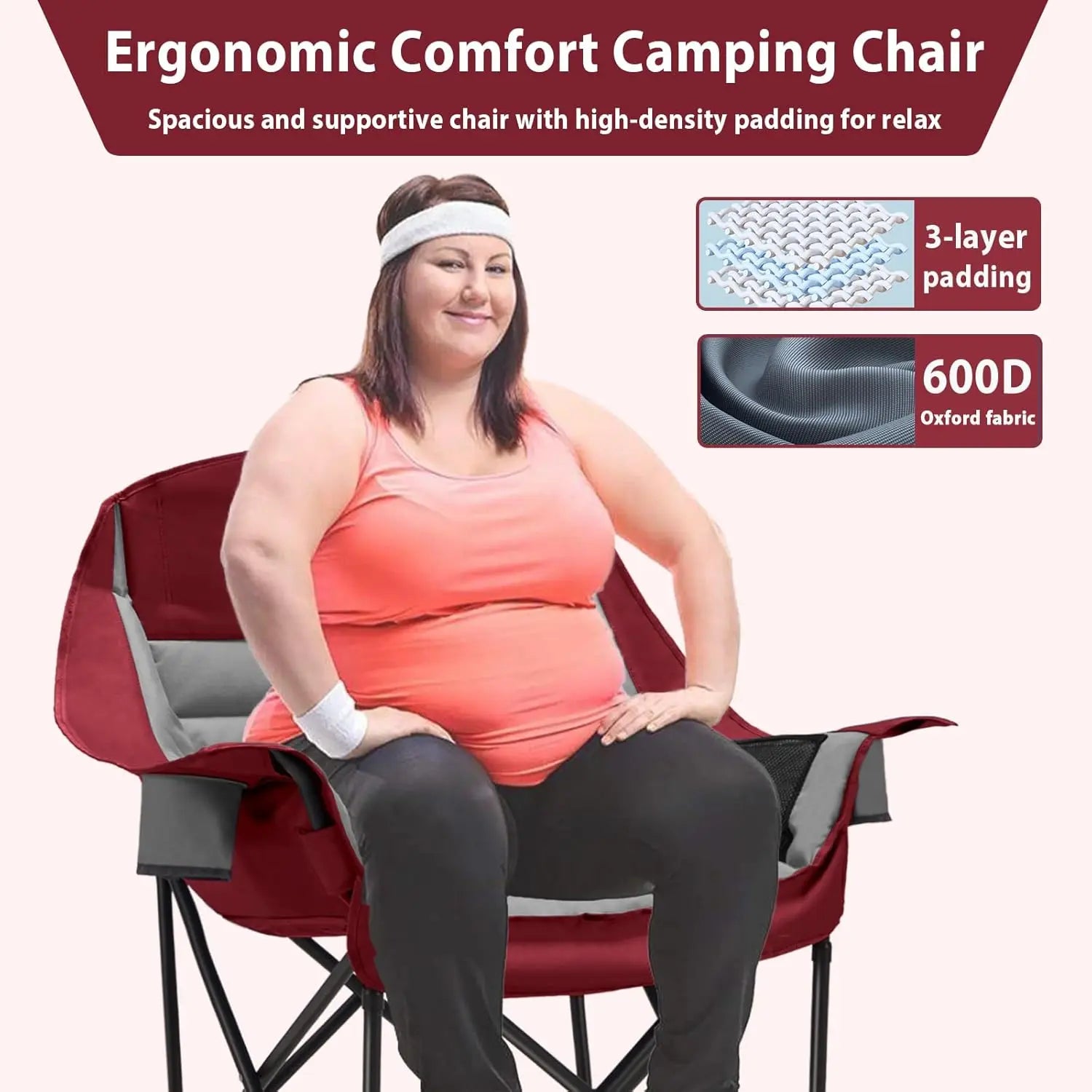 Heavy Duty Portable Camping Chair with Cup Holder, Side Pocket and Carry Bag - Can Support Up To 400lbs