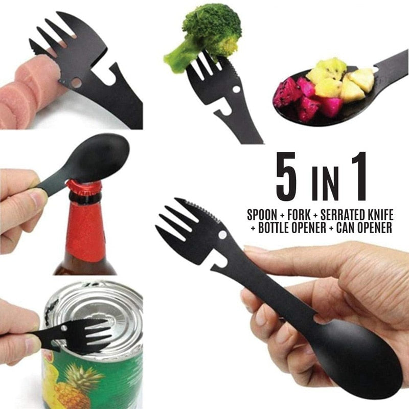 Multifunctional Stainless Steel Camping Tableware - 5-in-1 Fork Knife Spoon Bottle Can Opener for Outdoor Activities