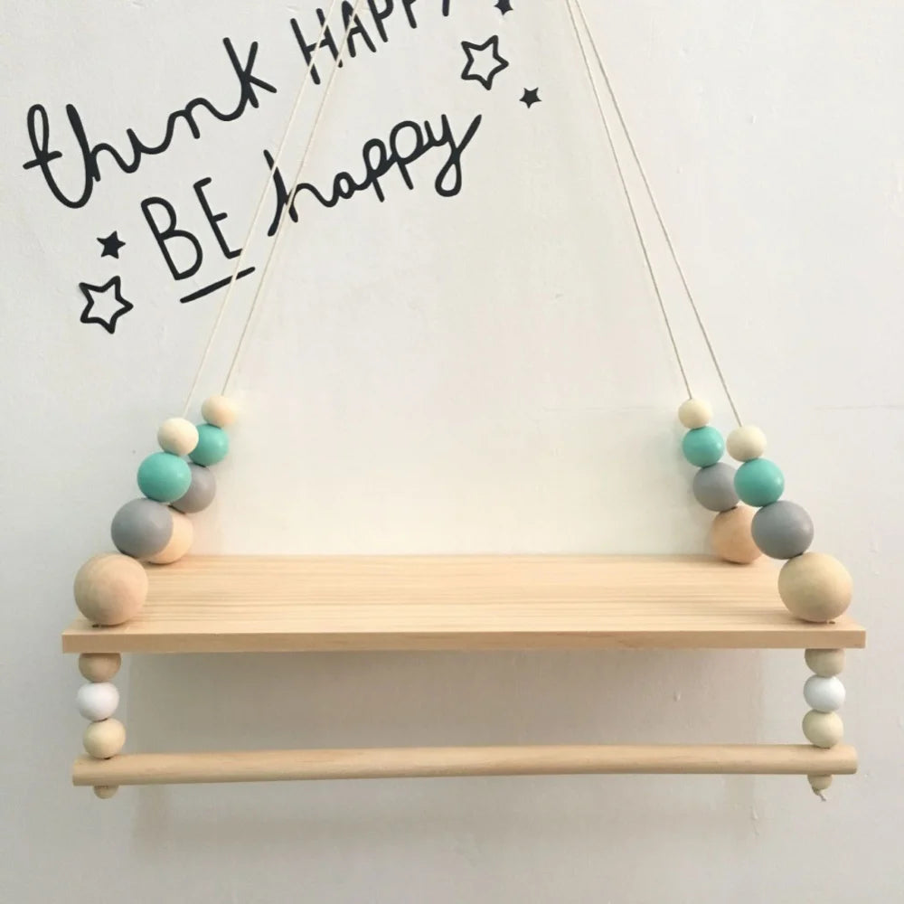 Two-Tier Wooden Beads Wall Hanging Shelf with Swing Rope - Perfect for Home, Office, Cafe, and Kid's Room Decor