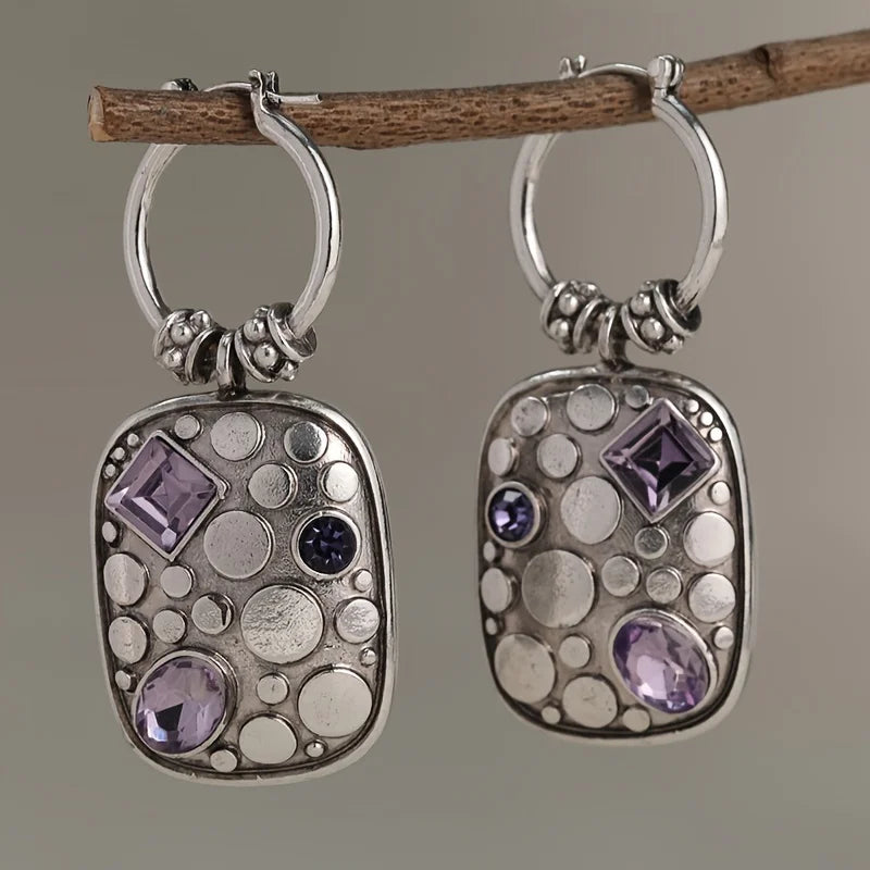 Vintage-Inspired Purple Geometric Drop Earrings - Stylish Square Design for Women’s Accessories