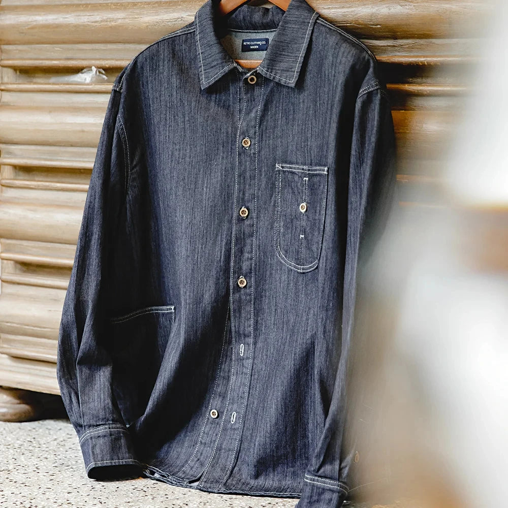 Maden Men's Washed Denim Shirt with Large Pockets - Classic Button-Down Long Sleeve Workwear Top