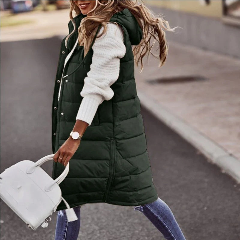 Women's Winter Long Quilted Sleeveless Waistcoat with Hood | Autumn/Winter Vest Coat (Up to 5XL)