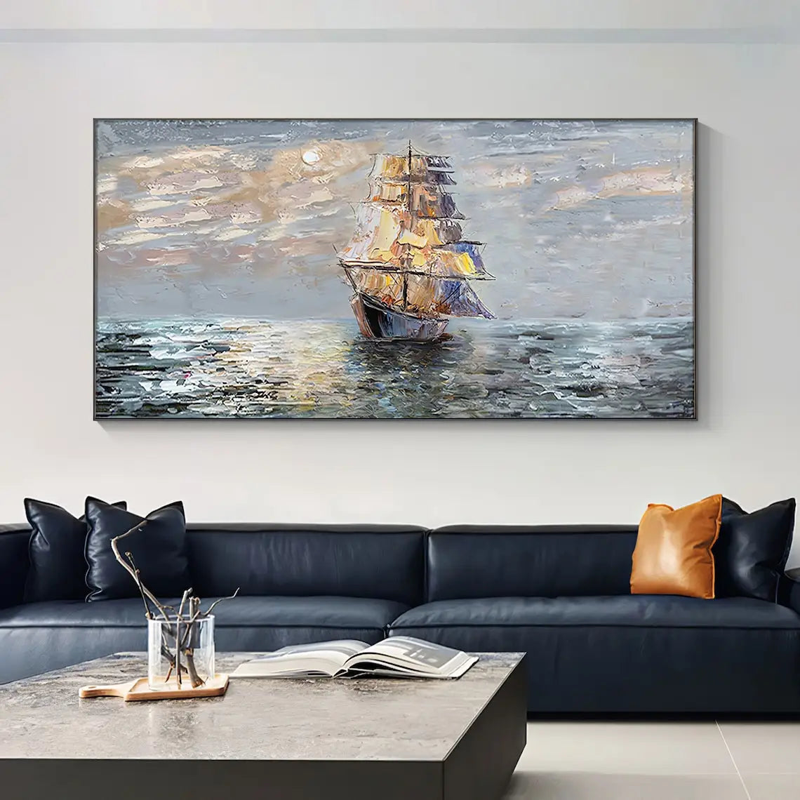 Noble Gray Abstract Sailboat Oil Painting on Canvas – Large Modern Landscape Wall Art for Living Room Decor