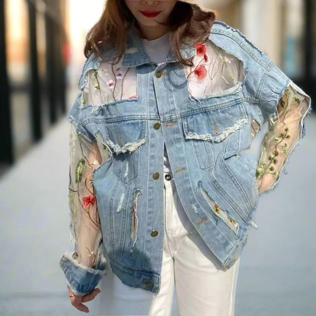 Women's Embroidered Denim Jacket with Lace - Frayed Hem - Tassel Accent - Blue Jean Coat - Sizes S-3XL Available