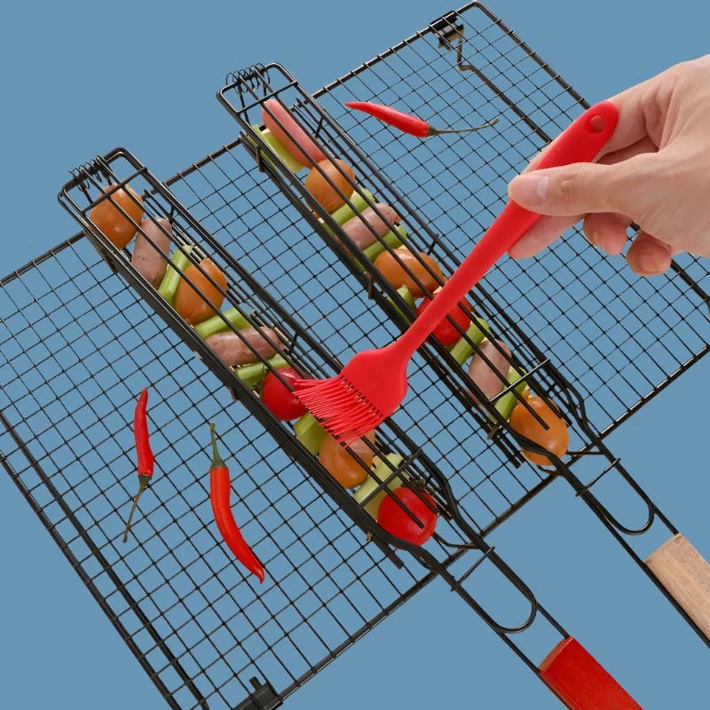 Elevate Your Outdoor Cooking with Our Wooden Handle BBQ Tool - Includes Meat and Veggie Barbecue Net Rack