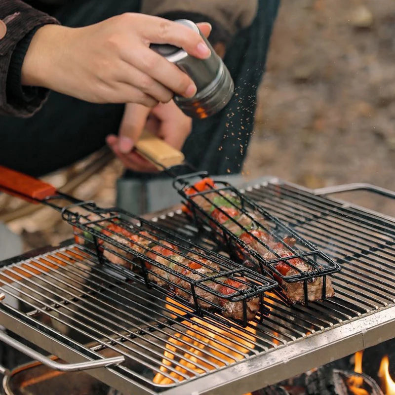 Elevate Your Outdoor Cooking with Our Wooden Handle BBQ Tool - Includes Meat and Veggie Barbecue Net Rack