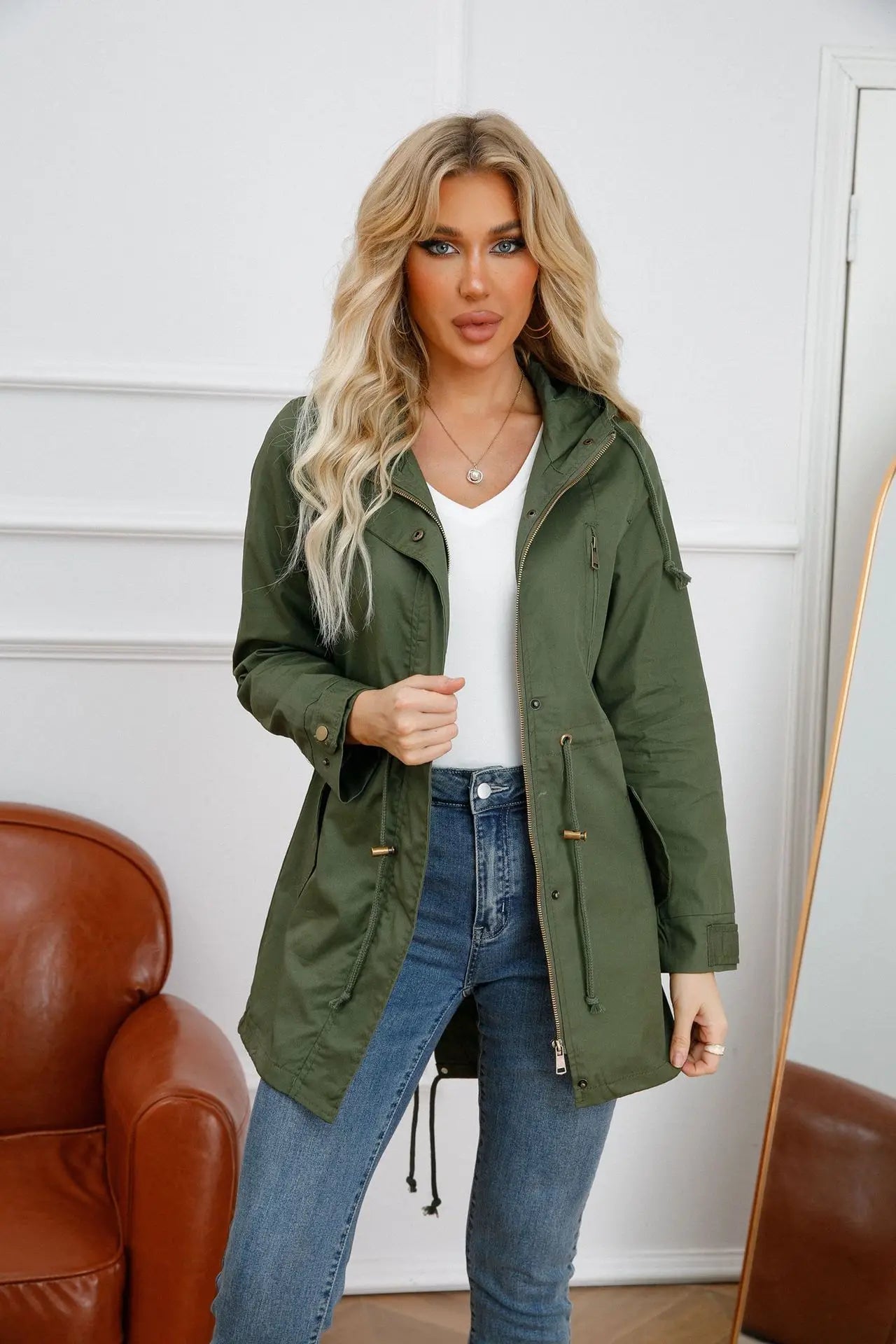 Hooded Windbreaker Jacket with Drawstring Waist and Pockets for Women - Comfortable and Stylish Trench Coat - Sizes S-4XL Available