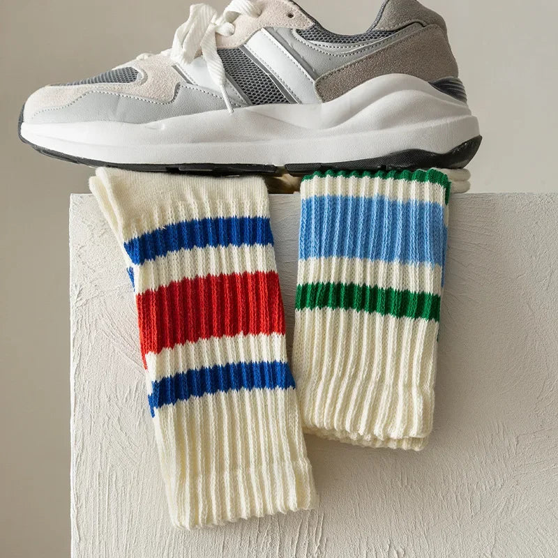 Unisex Vintage Striped Basketball Socks - Medium Tube Sports Socks for Men & Women with Soft Cotton Towel Bottom for All-Day Comfort