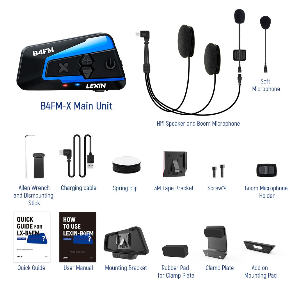 Lexin B4FM-X Bluetooth Waterproof Motorcycle Intercom Helmet Headset with Noise Reduction and 8-Hour Talk Time