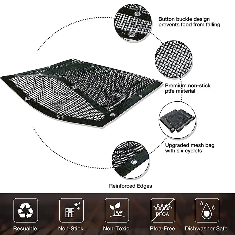 Reusable Non-Stick PTFE Mesh Grill Bags for BBQ - Ideal for Vegetables, Meat, and Smoker Use - Multiple Sizes Available