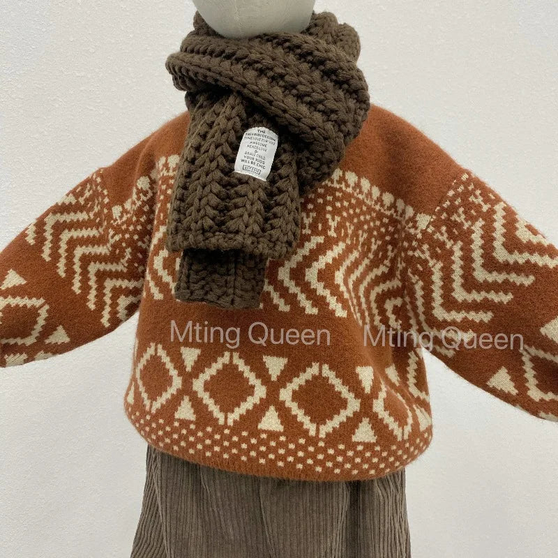 Thick Warm Jacquard Sweater for Kids | Geometric Knitted Pullover for Boys and Girls