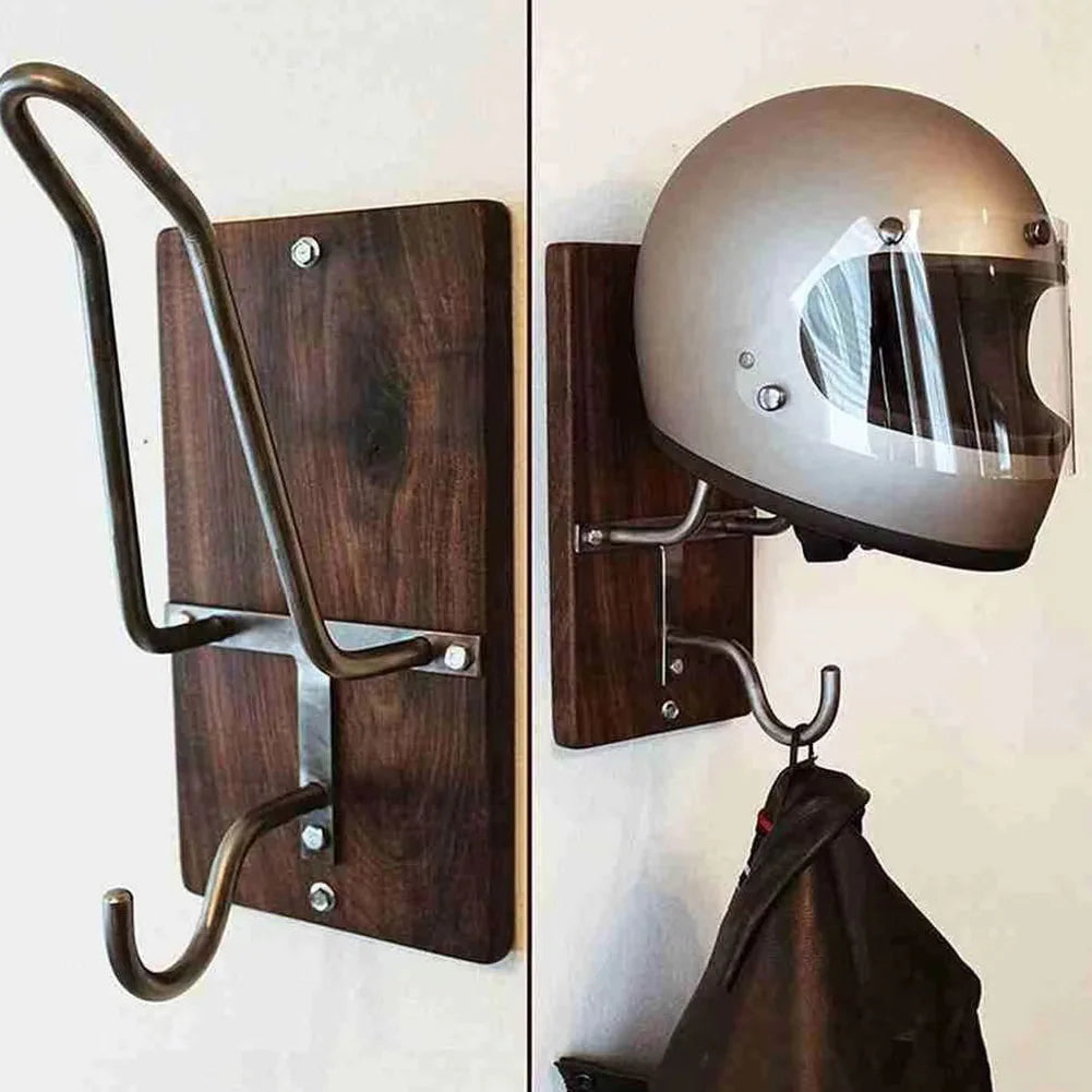 Handcrafted Wooden and Metal Motorcycle Helmet and Gear Storage Rack