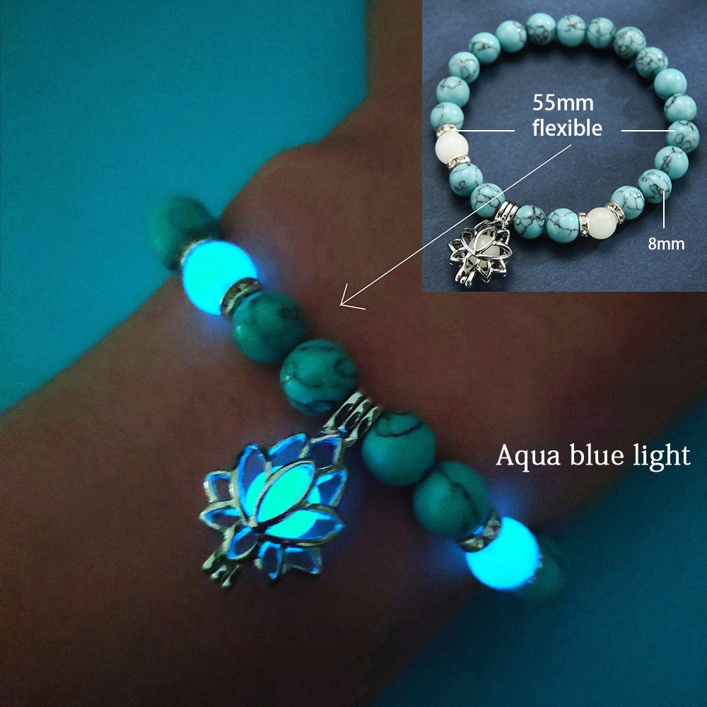 Healing Natural Stone Luminous Glow In The Dark Lotus Charm Bracelet - Adjustable and Comfortable Fit - LossTower