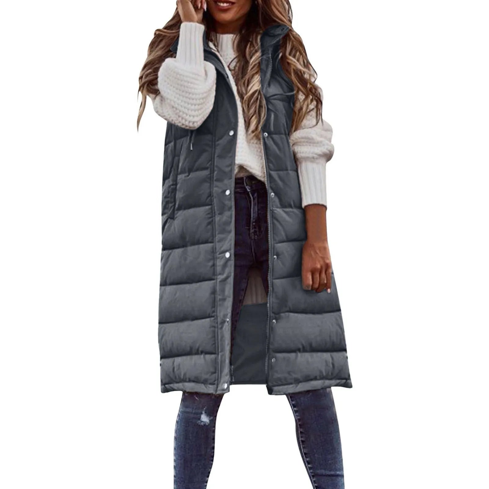 Women's Winter Long Quilted Sleeveless Waistcoat with Hood | Autumn/Winter Vest Coat (Up to 5XL)