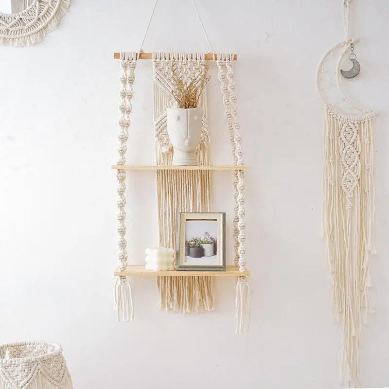 Boho 2-Tier Macrame Wall Hanging Shelf - Natural Cotton Rope Floating Shelf with Wooden Accents for Home Decor