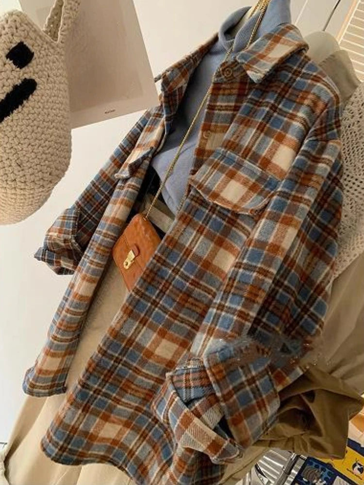 Women's Vintage Plaid Woolen Shirts| Stylish Baggy Casual Tops with Pockets | Lapel Outerwear in Blue and Coffee (S-3XL)