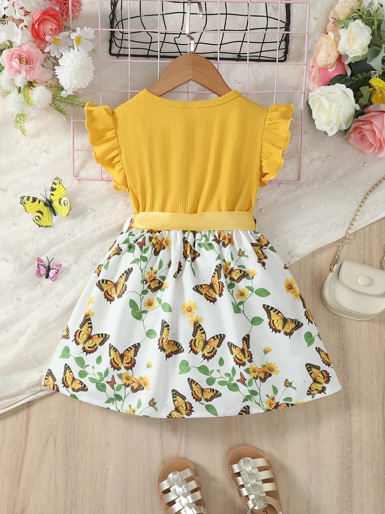 Floral Butterfly Print Dress for Kids - Girls 4-7 Years - Flutter Sleeve - Bow Accent - Knee-Length A-Line Skirt - Summer Party Clothes for Children