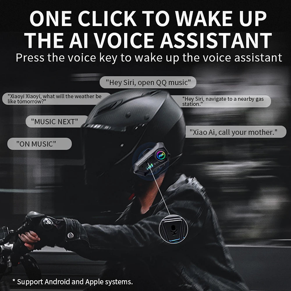 Motorcycle Helmet Bluetooth Headset with Voice Control - Waterproof and Noise Reduction - 500m Intercom Distance - Music Player and Speaker