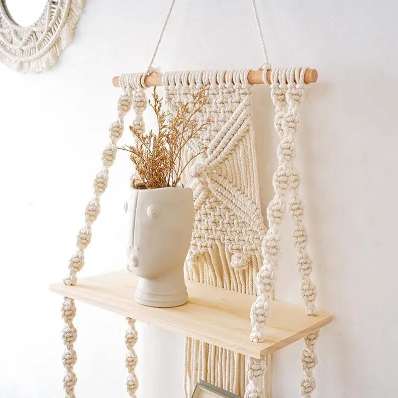 Boho 2-Tier Macrame Wall Hanging Shelf - Natural Cotton Rope Floating Shelf with Wooden Accents for Home Decor