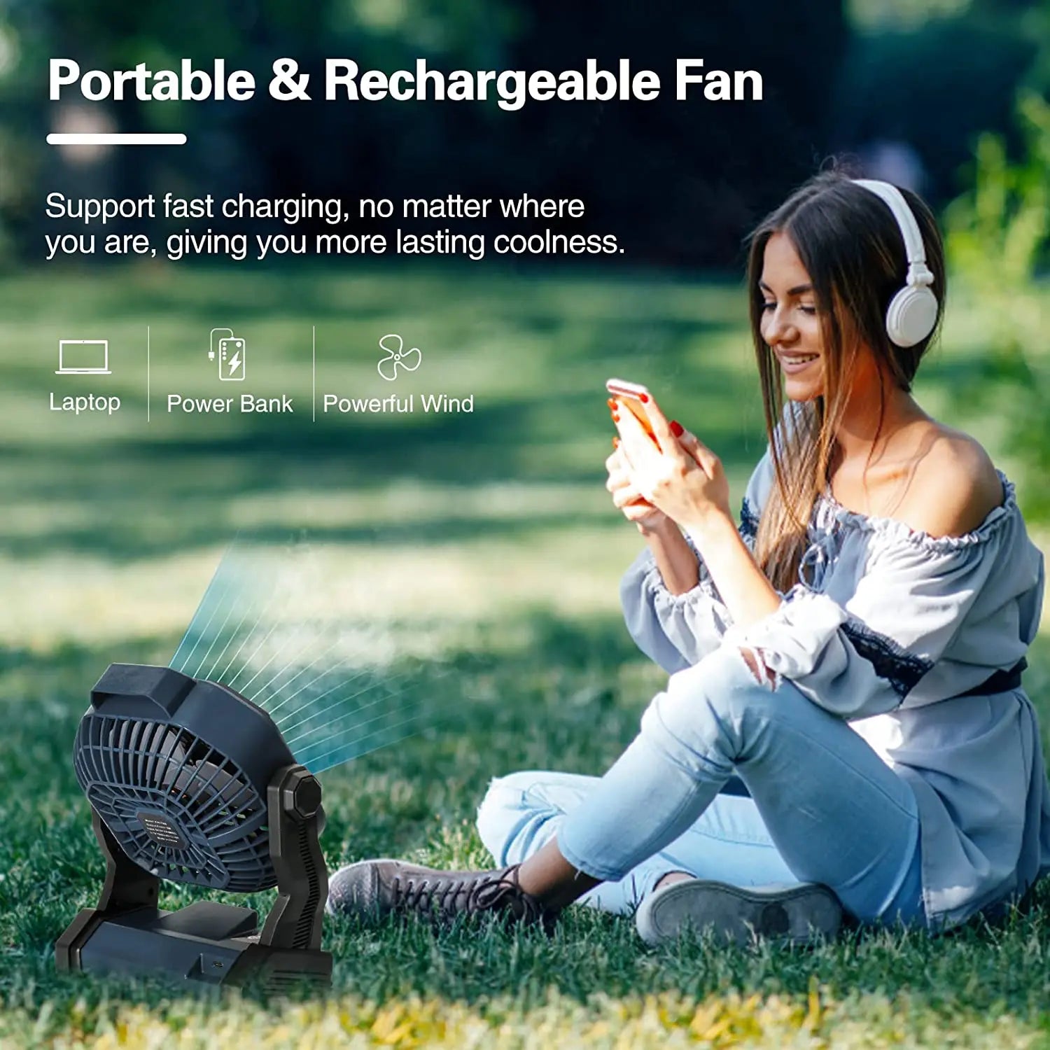 Rechargeable Battery-Powered Camping Fan with LED Light | 270° Rotatable USB Tent Fan with Hook for Picnics, Fishing, and Outdoor Activities