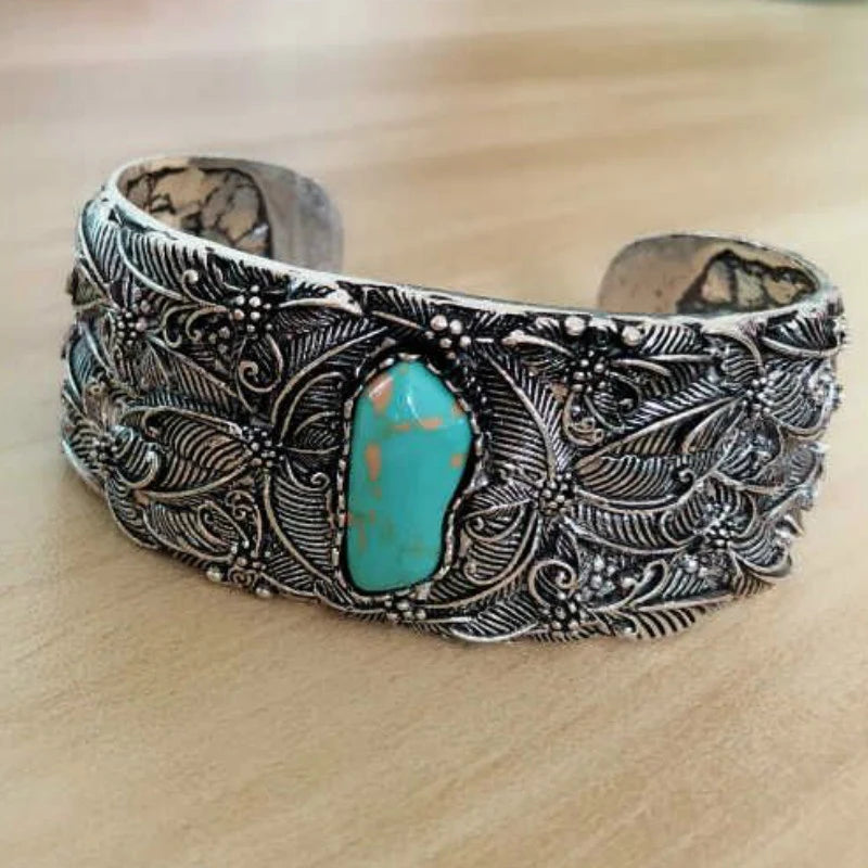 Vintage Bohemian Leaf Bracelet for Women - Carved Ethnic Cuff Bangle with Adjustable Opening