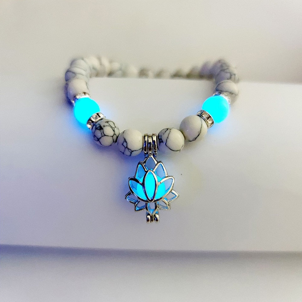 Healing Natural Stone Luminous Glow In The Dark Lotus Charm Bracelet - Adjustable and Comfortable Fit - LossTower