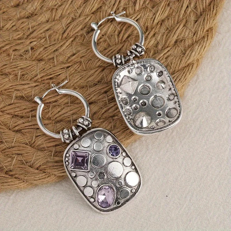 Vintage-Inspired Purple Geometric Drop Earrings - Stylish Square Design for Women’s Accessories