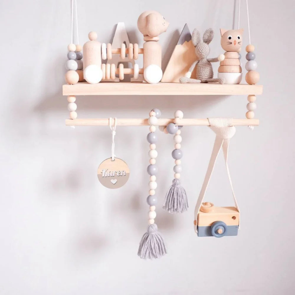 Two-Tier Wooden Beads Wall Hanging Shelf with Swing Rope - Perfect for Home, Office, Cafe, and Kid's Room Decor