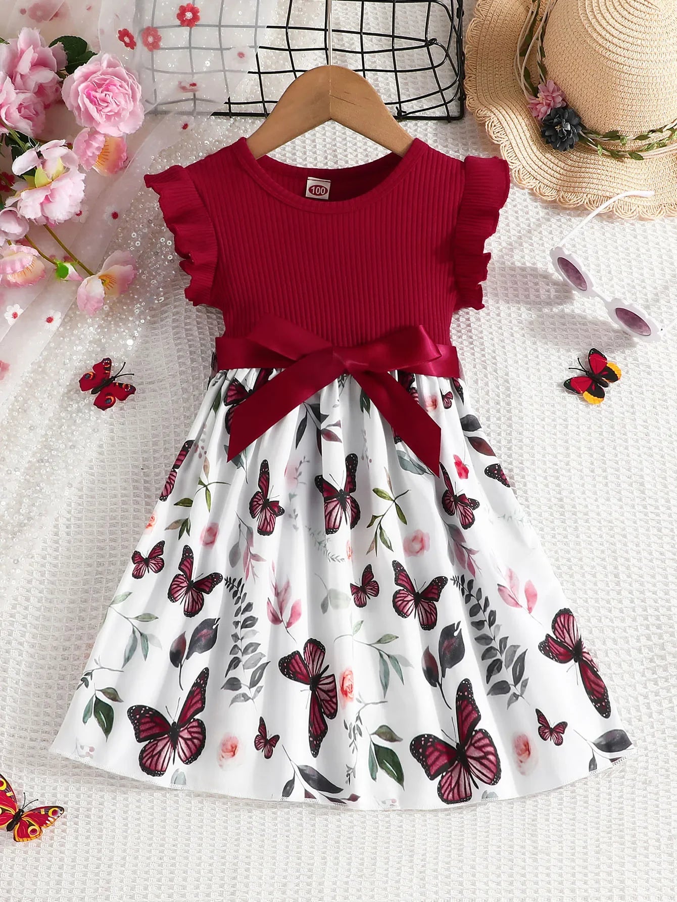 Adorable Butterfly Floral Dress for Girls 3-7 - Ruffled Sleeves & Belted Tulle Design - Perfect for Special Occasions