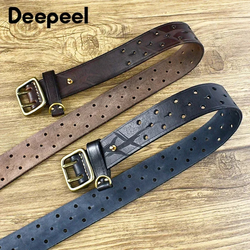 Retro Deepeel Men's Genuine Cowhide Leather Belt with Double Pin Buckle