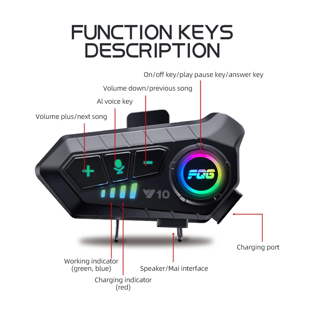 Motorcycle Helmet Bluetooth Headset with Voice Control - Waterproof and Noise Reduction - 500m Intercom Distance - Music Player and Speaker