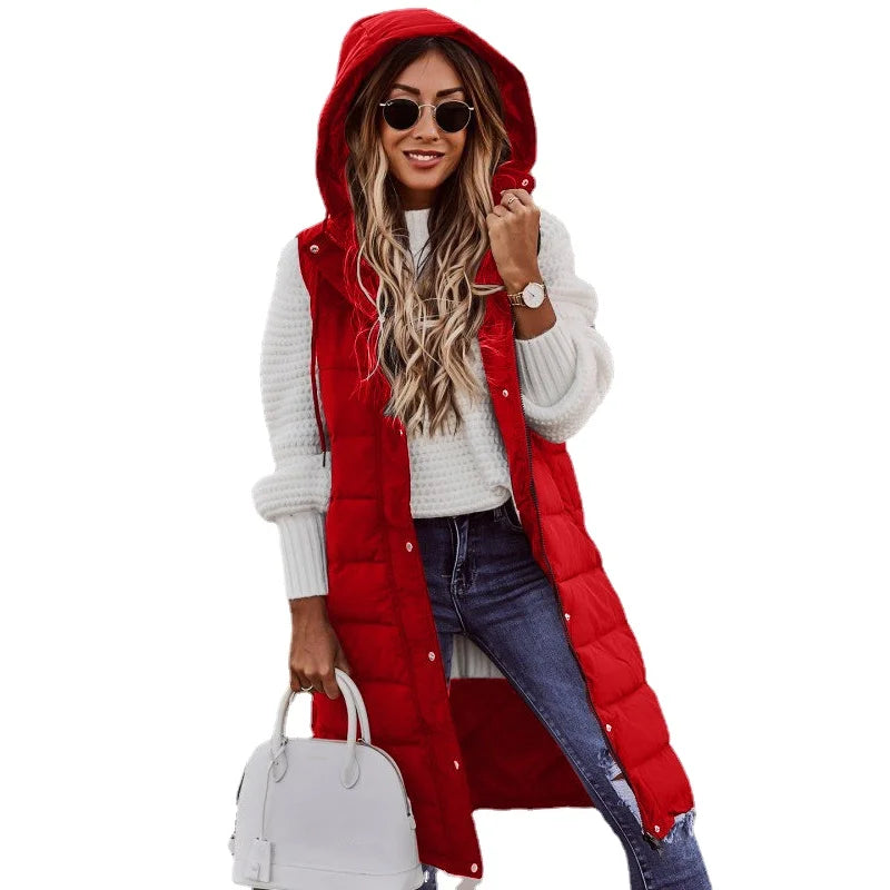 Women's Winter Long Quilted Sleeveless Waistcoat with Hood | Autumn/Winter Vest Coat (Up to 5XL)