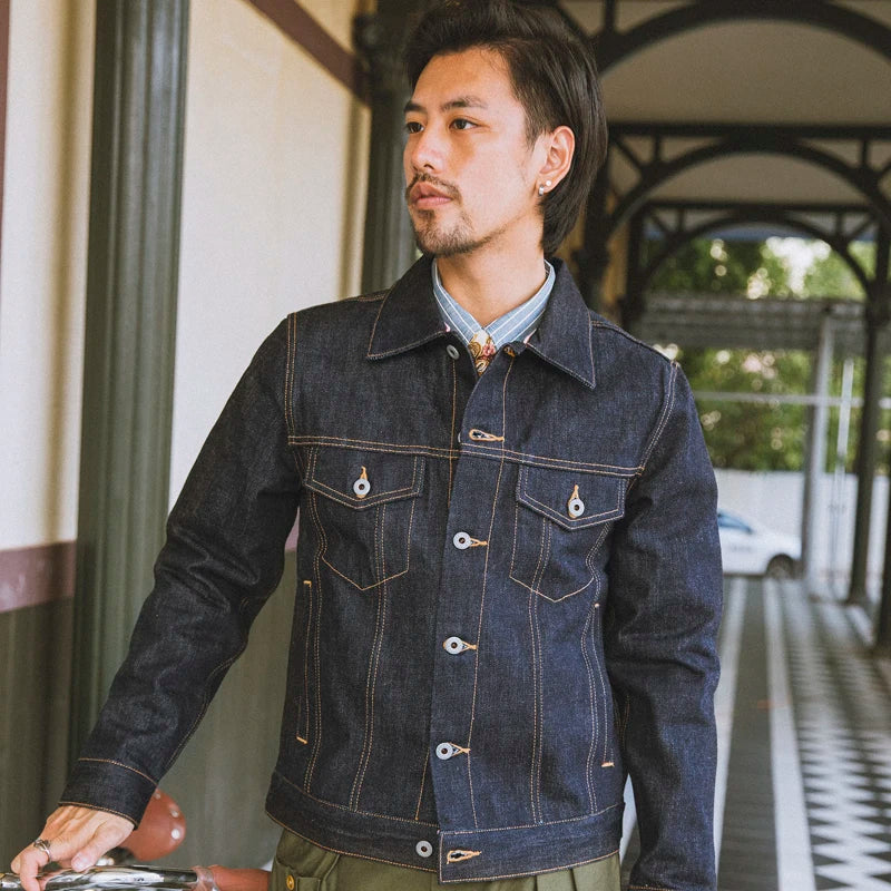 Men's Red Tornado 16oz Selvedge Denim Trucker Jacket Coat with Turn-down Collar + Pockets