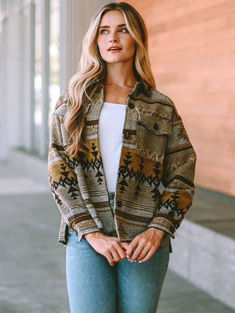 Women's Western Aztec Printed Bomber Jacket - Autumn Winter Casual Coat with Button Closure and Pockets