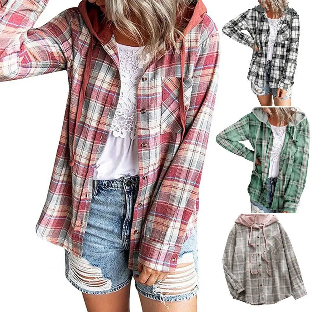 SANWOOD Women's Fashionable Plaid Hooded Shacket - Long Sleeve, Single-Breasted Shirt Jacket